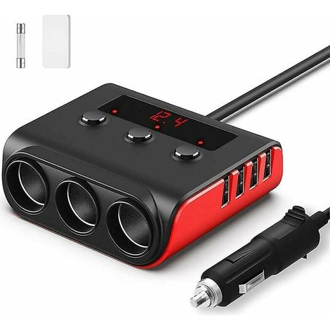 Chargeur de voiture USB avec adaptateur allume-cigare, charge rapide 12 V/24 V 3,6 A 100 W, 4 ports USB, répartiteur 3 prises avec contrôle de tension et 3 interrupteurs (1/5)