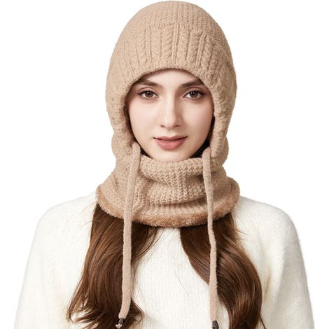 Gorro de invierno de forro polar, grueso y cálido, que también sirve como calentador de cuello/máscara, resistente al viento y con protección para las orejas, ideal para ciclismo, en color caqui. (1/2)