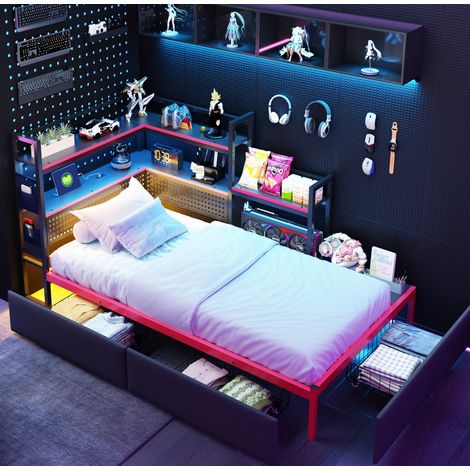 Cama gaming de metal negro 90x200 cm con cabecero perforado, 3 cajones, LED, puertos USB y estantes laterales (1/5)