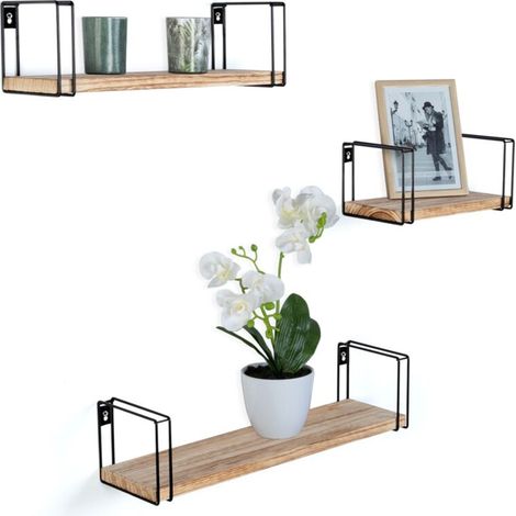 Ein Set aus drei Wandregalen aus Paulowniaholz und schwarzem Metall – Abmessungen: 43 x 12,5 x 10,8 cm (Länge x Breite x Höhe) – Inklusive Wandmontagezubehör.