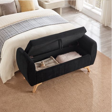 Banc coffre pliable en velours côtelé noir avec pieds en bois, 145 cm, REDOM (1/5)