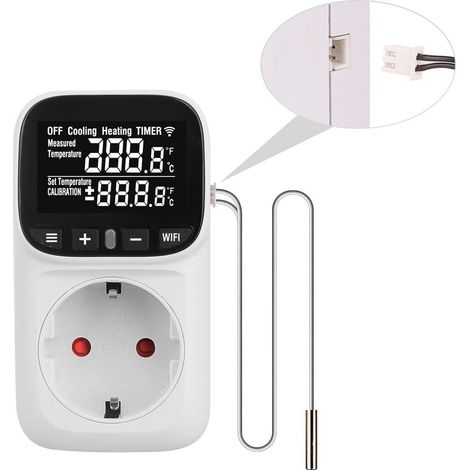Prise Contrôleur de Température WiFi Type F - Sonde Externe, Écran LCD Rétroéclairé, 230V 16A (1/5)