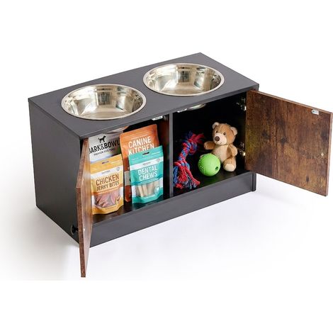 Relaxdays Dog Feeding Station, 2 bowls, storage, H×W×D 35.5×60×30 cm, elevated bar, MDF & stainless steel, black/brown (1/5)