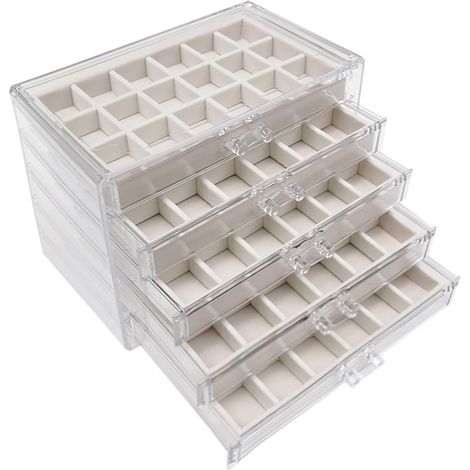 Caja de joyería, almacenamiento de joyas, almacenamiento de pendientes, 5 niveles y 90 pequeños compartimentos, apilable, terciopelo + acrílico, cajas y organizador para anillos y pendientes.