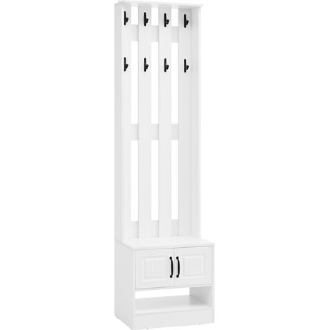 Banco zapatero y mueble de entrada blanco con 2 puertas, 8 ganchos y respaldo, 50 x 36 x 190 cm (1/5)