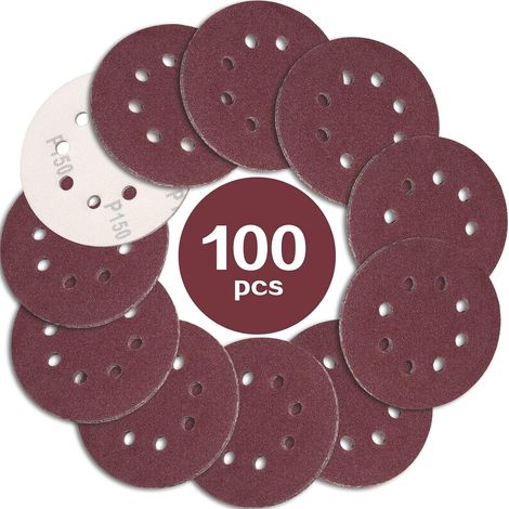 Ineasicer 100er-Packung 125-mm-Schleifscheiben, Körnung 150, 8 Löcher, Schleifmittel, ideal zum Schleifen und Polieren mit Exzenterschleifern (1/2)