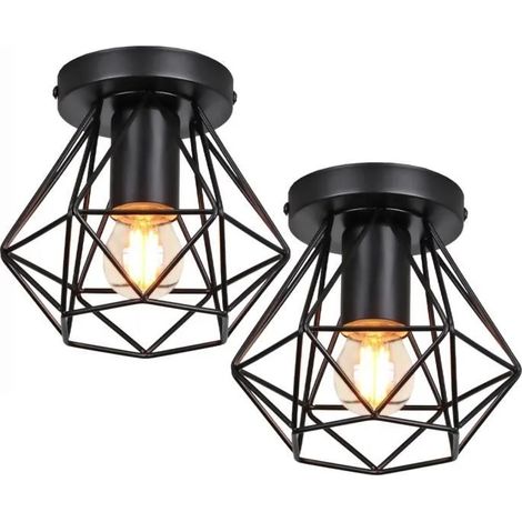 U-Do 2x Rétro Lampe de Plafonde Luminaire Industriel E27 Plafonnier Cage en Fer Noir (1/4)