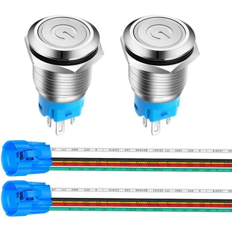 2pièces 16mm Acier Inoxydable Verrouillage Bouton Poussoir Interrupteur, LED de Symbole d'alimentation 12V-24V 5A Interrupteur à Levier Étanche avec Fiche à Douille (LED Blanc) (1/5)