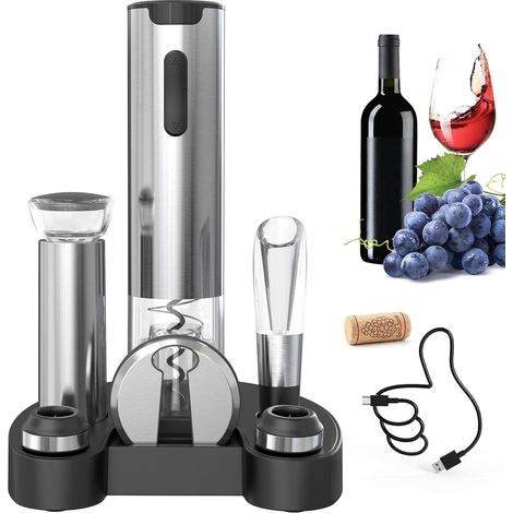 Tire Bouchon Électrique Rechargeable 7 en 1 Coffret Cadeau avec base 2 en 1, Coupe-Capsule, Aérateur De Vin, Pompe à Vide Et 2 Bouchons De Vin, Incluse Câble USB (1/5)