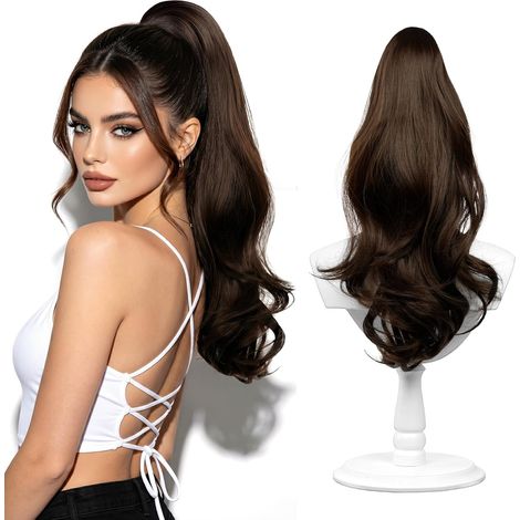 Clip-in Ponytail Extension, Wavy Curly Synthetic Hairpiece, Thick Natural Hairpiece for Women, 50cm/20inch Dark Brown (1/5)