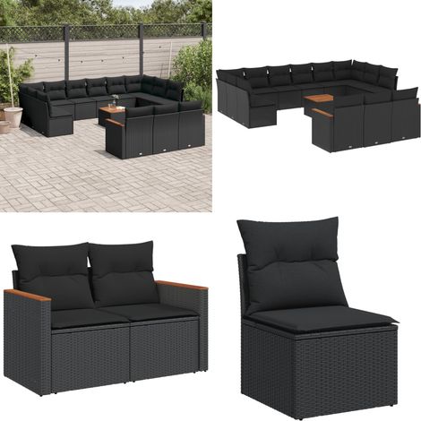 Salon de jardin avec coussins 14 pcs noir résine tressée - Ensemble Salon De Jardin - Mobilier Extérieur - Jardin Design - Chaise Lounge - Set Salon - Home & Living (1/5)