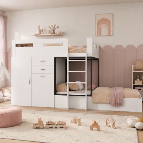 DESMIU Lit superposé enfant 90 × 200 cm avec bureau escamotable, armoire, tiroirs et étagères, sans matelas, blanc noir (1/5)