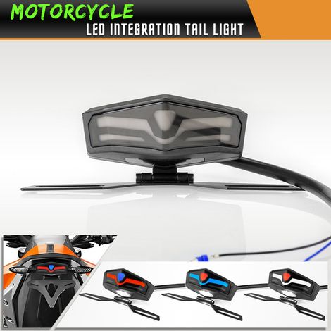 Universelles integriertes LED-Rücklicht, Bremslicht und Blinker mit Ersatz-Kennzeichenhalterung für Motorräder von Honda, Yamaha, Suzuki und Kawasaki.