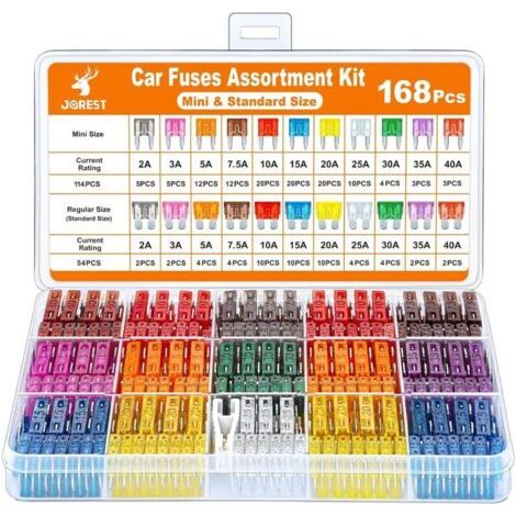 Green Mobility-Kit de fusibles  168 pièces pour voiture, 114 mini fusibles + 54 fusibles moyens + 1 extracteur de fusibles - pour voiture/camping-car/camion/moto (2A 3A 5A 7,5A 10A 15A 20A 25A 30A 35A (1/4)