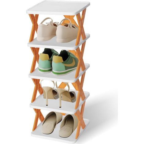 Étagère à chaussures à cinq niveaux, meuble à chaussures en plastique, design étroit, adapté aux petits espaces, peut être utilisé dans les entrées (1/5)