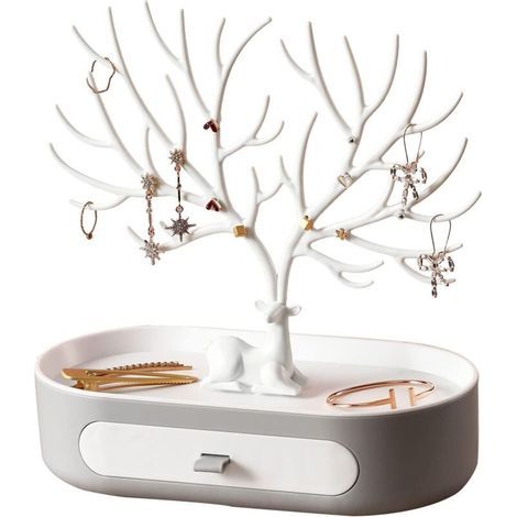 Arbre a Bijoux Support,Porte Bijoux Femme Niveaux Avec Tiroirs,Porte Boucles D'oreilles,Presentoir a Bijoux Porte Bague Bracelet Boucle D'oreilles Support Collier 21x26x13CM (1/4)