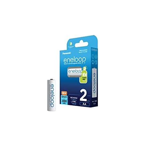 Panasonic eneloop, AA/Mignon Pilas Recargables, Ready to Use, Pack de 2, Capacidad mínima Mejorada de 2000 mAh, 2100 recargas, Pilas Recargables envase Libre de plásticos, Pila Ni-MH (1/5)
