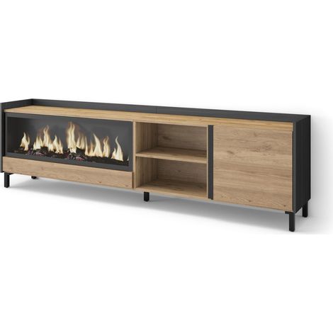 Skraut Home - Mobile TV Soggiorno, Ampio spazio a disposizione, 212x35x61cm, Per TV fino a 80", Camino elettrico XXL, Design industriale, Stile moderno, Rovere e nero (1/5)
