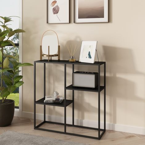 Tavolo a Consolle Strömstad Scaffale da Terra Espositore 80x80x26 cm Acciaio Nero opaco [en.casa] (1/4)