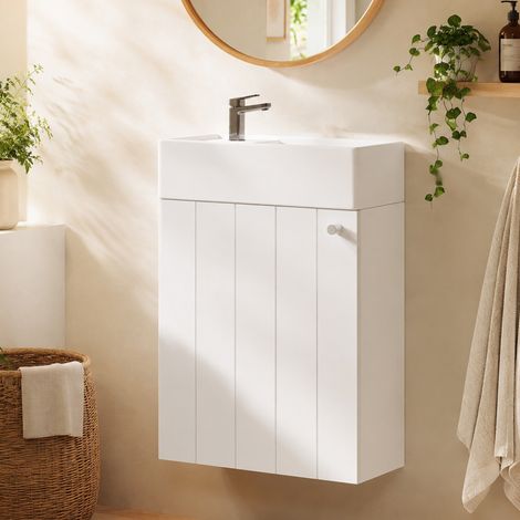 41 x 23 x 62,5 cm, lavabo mural, laquage résistant à l'eau et à l'humidité, portes de placard avec mécanisme d'amortissement, dimensions particulièrement étroites, blanc. (1/5)