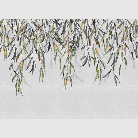 Papier peint intissé - Feuilles grises aquarelle suspendues - 375x270 cm (1/3)