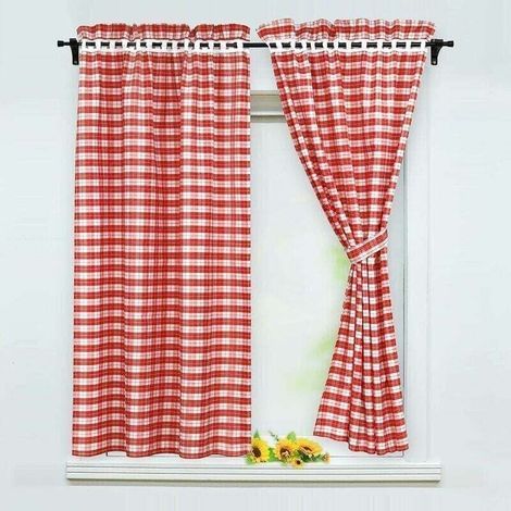 Lot de 2 rideaux occultantsavec 2 embrasses style maison de campagne. Polyester. rouge. BxH 80x120cm (1/4)