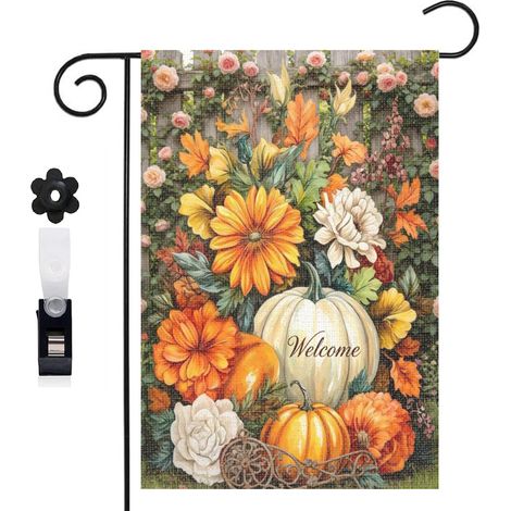 Drapeau de jardin lierre et citrouilles pour l'automne 30 x 45 cm décoration cour et balcon (1/5)
