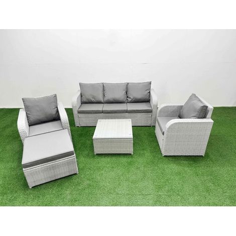 Fimous PE Rattan Garden Furniture Set Reclining Chair Sofa Lounge Sofa Set Square Coffee Table Big Footstool Light Grey (1/5)