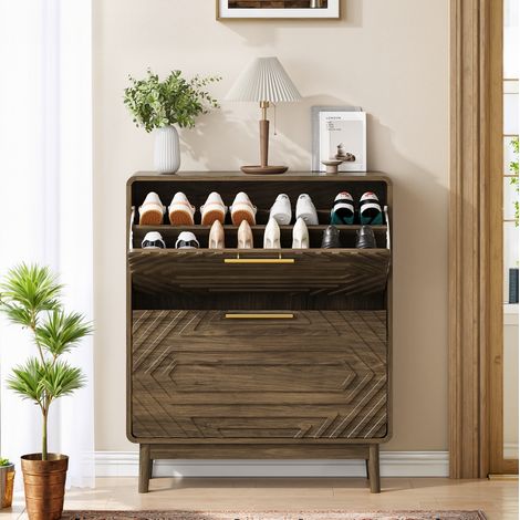 Zapatero 80 x 24 x 95 cm en MDF color nogal con 2 abatibles OKMYHOME (1/5)