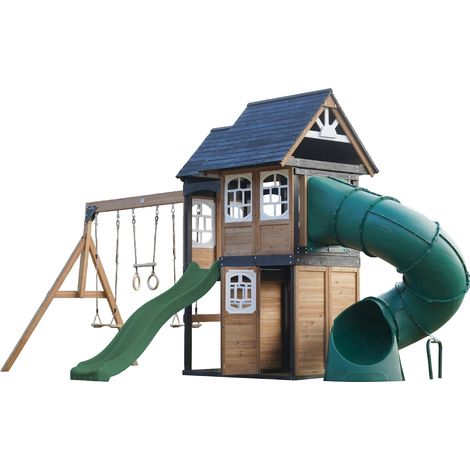 Aire de jeux en bois avec 2 balançoires – Toboggan tubulaire et ondulé – Maisonnette avec structure d'escalade et trapèze – Pour enfants – AXI