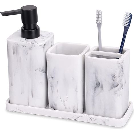 MINKUROW Set mit 4 Badezimmer-Accessoires in Marmoroptik mit Seifenspender, Zahnbürstenhalter, Badezimmerbecher, Seifenschale (1/4)