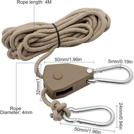 Corde à Cliquet Réglable 4M Poulie à Cliquet Kaki 1/8 Replacement Crochets Tendeur de Corde à Cliquet Réfléchissante pour Lampe Plantes Tente Randonnée (1/3)