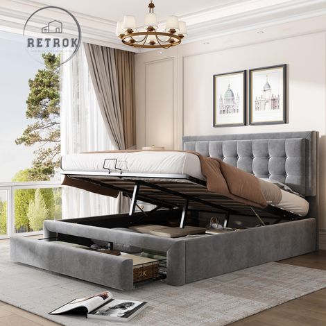 Lit coffre adulte 140x200cm avec 2 tiroirs, rembourré en velours, grand espace de rangement, style contemporain, gris (1/5)