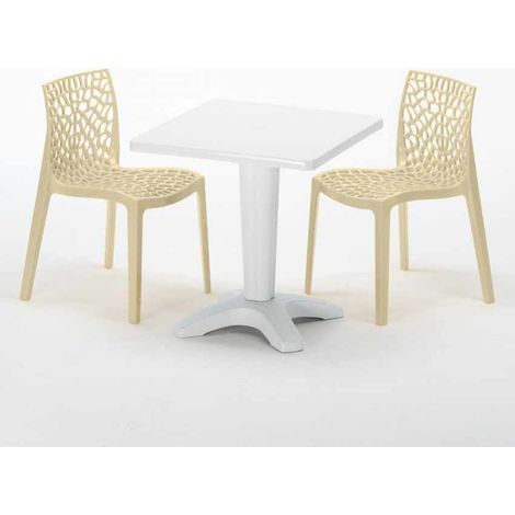 Tavolino Quadrato Bianco 70x70 cm con 2 Sedie Colorate Gruvyer Patio - Beige