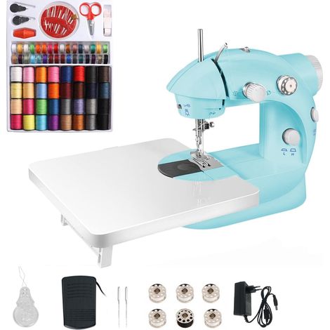Machine à coudre électronique, mini machine à coudre double fil 2 vitesses avec pédale pour vêtements, rideaux, artisanat avec 99 accessoires de couture et table d'extension (1/5)