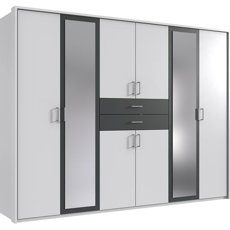 Armoire Placard, meuble de rangement avec 2 miroirs coloris Blanc, rechampis graphite - Longueur 270 x Hauteur 208 x Profondeur 58 cm (1/3)