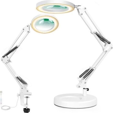 Metal LED lamp with magnifying glass, swing arm, 3 color modes, 4.1 cm diameter lens, adjustable industrial clamp (white) (1/4)