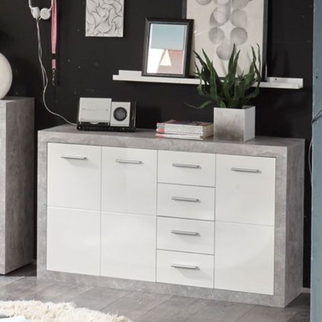 Bahut Inga 152cm avec 3 portes &amp 4 tiroirs - béton/blanc (1/3)