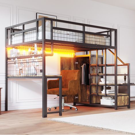Cama alta para adultos de 140x200 cm con escritorio escalera, armario, iluminación LED y toma de corriente, metal negro