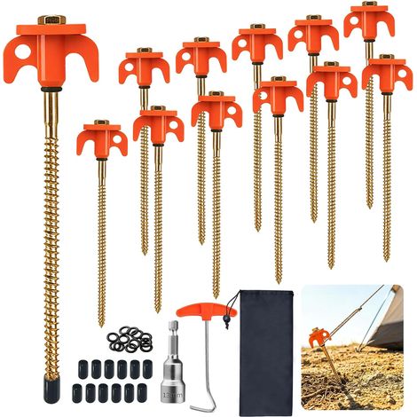 Lot de 12 Piquet de Tente à Visser, Sardines de Fixation Tente en Acie Piquets Solides, Ancrages Au Sol à Visser Accessoires pour Tente, Avec Extracteur de Clous et Sac pour Sol Dur, Prairie (1/5)