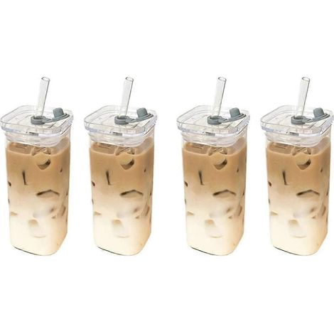 Tasse à café carrée en verre résistant à la chaleur avec couvercle et paille --- (1/5)