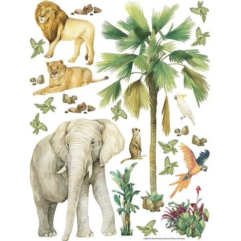 Sticker - Animaux de la jungle : éléphant, lion, perroquet - 1 planche 65 x 85 cm (1/5)
