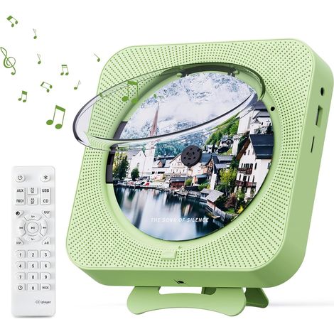 Lecteur Cd - Bluetooth 5.1 - Radio Fm - Lecteur Tf Et Usb - Haut-Parleurs Intégrés - Affichage Lcd - Télécommande - Support Mural Et Sur Bureau - Vert (1/5)