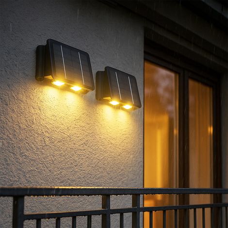 Solarlampe schwarz Außenleuchte Balkon Wandlampe Eckige Gartenlampe Akku Hauswand wetterfest, 1x LED 40lm 3000K, LxBxH 17x10,8x6,4 cm, 2er Set