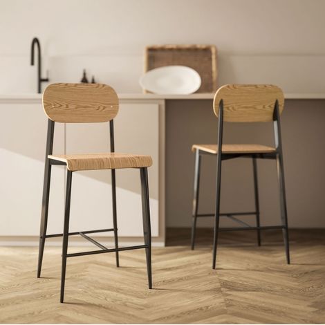 Pack de 2 taburetes de bar industriales de acero, asiento 66 cm, natural y negro HAVRYA (1/5)