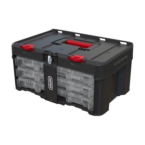 Keter – Boîte à outils modulable noire et transparente – 3 organisateurs modulaires – Résistante aux chocs et à l'eau – Poignée en caoutchouc souple (1/5)