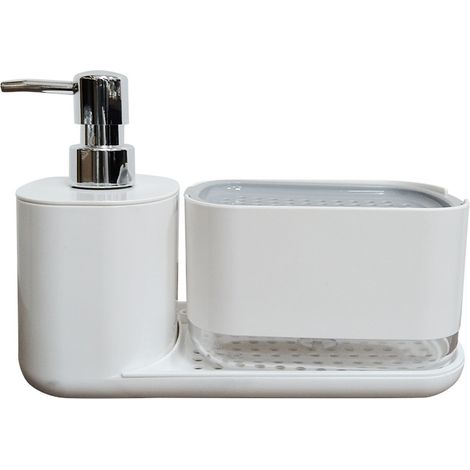 Distributeur de Savon à Pompe Manuelle en Acier Inoxydable, Étagère de Cuisine avec Porte-Chiffons Intégré, Distributeur de Liquide Vaisselle et Boîte à Savon de Bureau, Modèle 1875 Blanc-lsw (1/2)