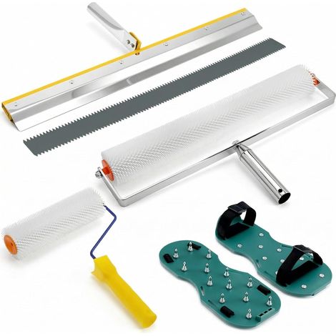 Kit d'outils de ciment autonivelant, Chaussures à pointes de époxy, Rouleau débulleur, râteau autonivelant en acier inoxydable (1/5)