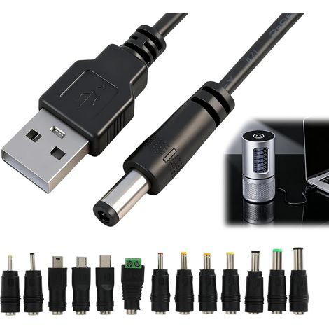 Câble D'Alimentation Universel USB vers DC, 5.5 x 2.1mm Câble de Chargeur vers DC 5V avec 13 Connecteurs Interchangeables pour Ordinateurs, Téléphones, Routeurs, Caméras, 1M, Prise USB 2.0 vers 13 DC (1/5)