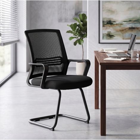 Set di 2 sedie per conferenze ergonomiche senza ruote, schienale in rete, struttura a slitta nera (1/5)